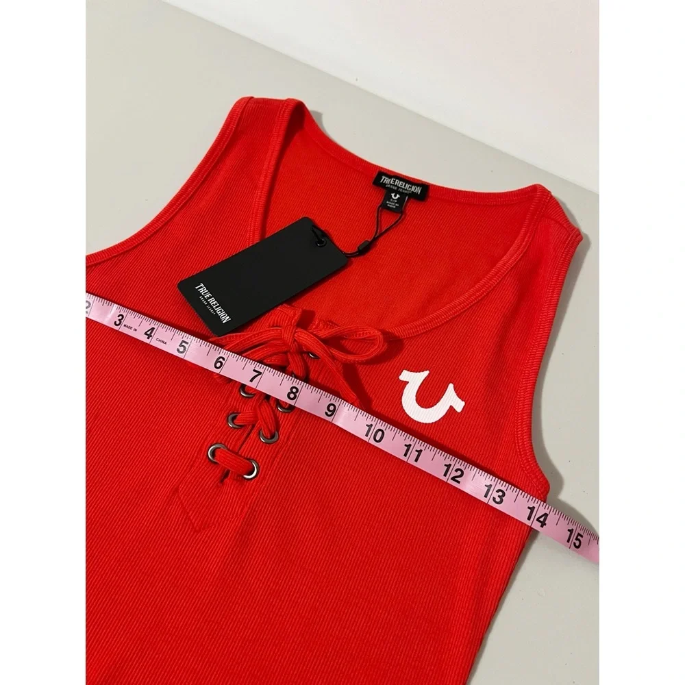 True Religion Red Horseshoe Logo Lace Up Midi Dress Size Small - Picture 5 of 8